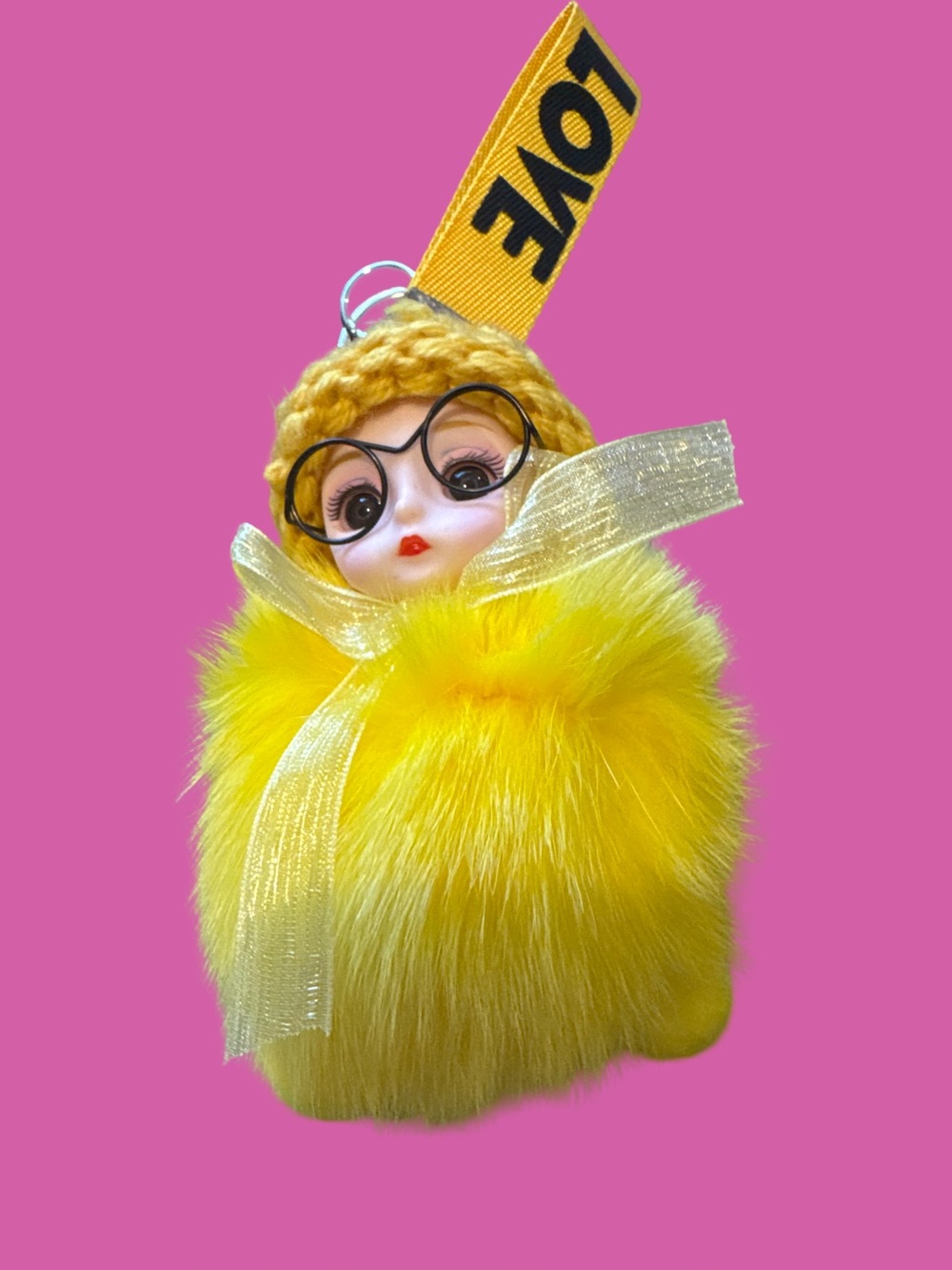 Bright Yellow Fur Doll Keychain with 'LOVE' Ribbon